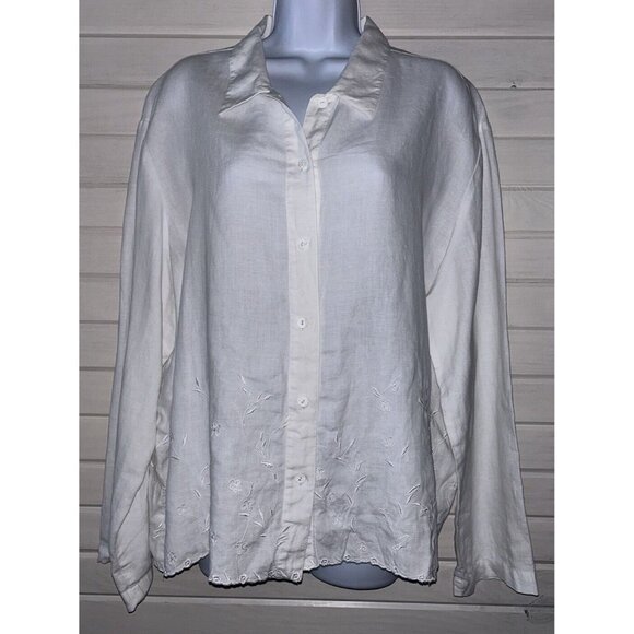 CHARTER CLUB Sz XL White Linen Tunic Embroidered Button Up L/S EUC - Picture 3 of 9